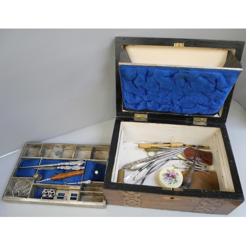 840 - A lady's 19th Century sewing box containing plated and other items, together with three small silver... 