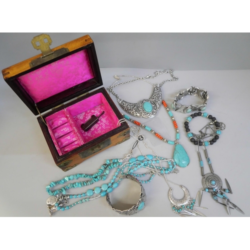 842 - Turquoise jewellery (real and faux) and a jewellery box