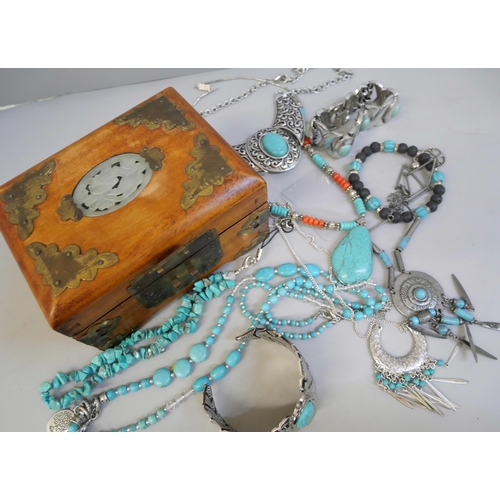 842 - Turquoise jewellery (real and faux) and a jewellery box