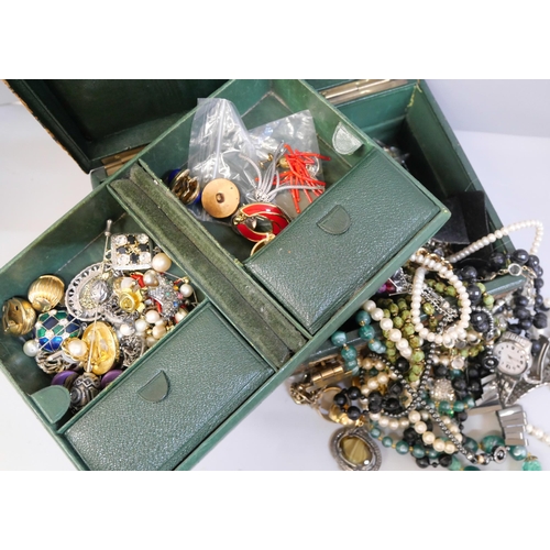 855 - Costume jewellery in a jewellery box, together with 1g of scrap 9ct gold, 3.6g of yellow metal, 0.6g... 