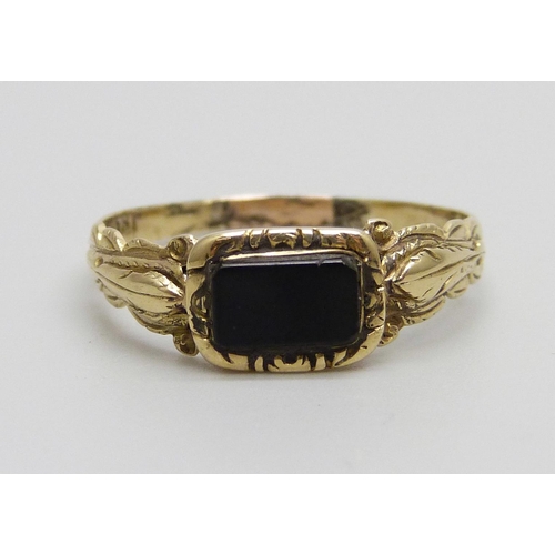 881 - A yellow metal mourning ring, engraved with initials, shank has been extended, 2.1g, S