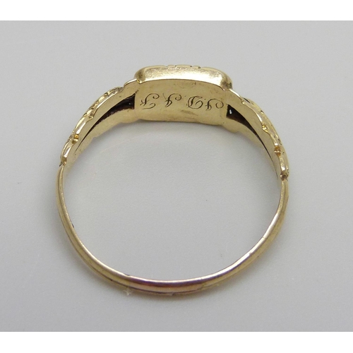 881 - A yellow metal mourning ring, engraved with initials, shank has been extended, 2.1g, S