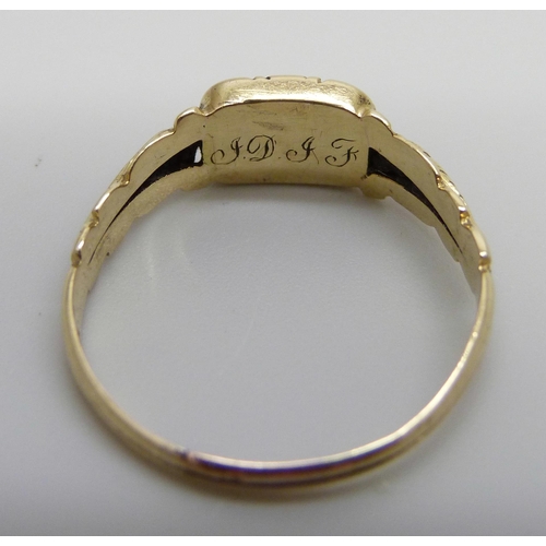 881 - A yellow metal mourning ring, engraved with initials, shank has been extended, 2.1g, S