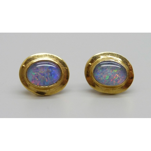 882 - A pair of 14ct gold and opal triplet earrings with 18ct butterflies, 3.2g