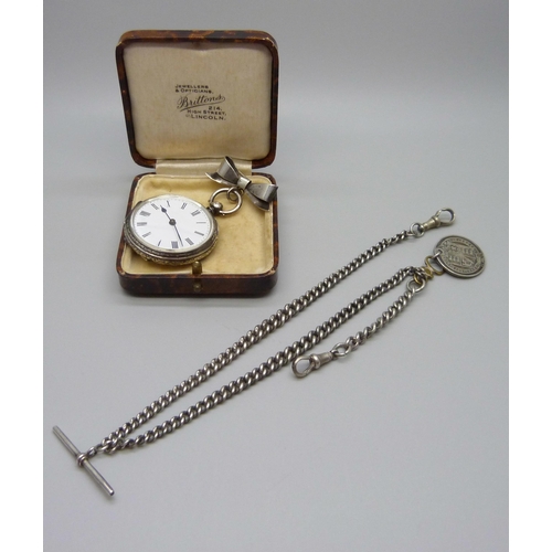 884 - A silver curb link watch chain with T bar and one silver dog clip, 35g, together with a .800 silver ... 