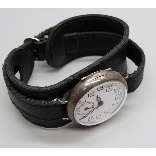 889 - A silver cased trench wristwatch, London import mark, 1915, 35mm case, dial a/f