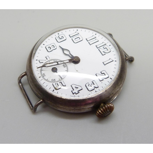 889 - A silver cased trench wristwatch, London import mark, 1915, 35mm case, dial a/f