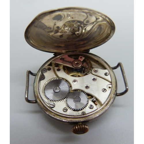 889 - A silver cased trench wristwatch, London import mark, 1915, 35mm case, dial a/f