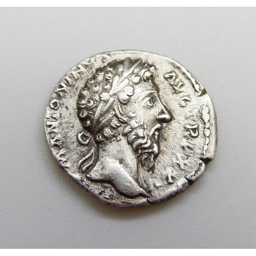 890 - Marcus Aurelius silver Denarius Rome Mint 161-180AD Laureate bust, Rev-Vots Sol Decenn Cos III - Mar... 