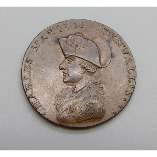 892 - 1794 Penny Token Charles Marquis Cornwallis bust of Cornwallis wearing cocked hat/his fame re sounds... 