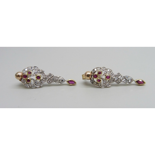 908 - A pair of yellow metal, ruby and diamond earrings, 3g, 2.9cm