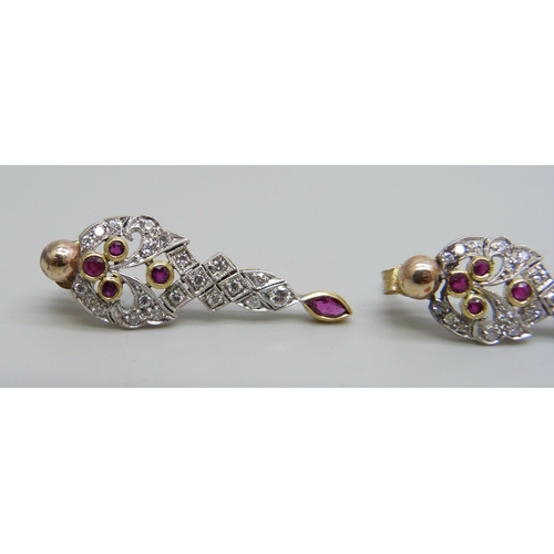 908 - A pair of yellow metal, ruby and diamond earrings, 3g, 2.9cm