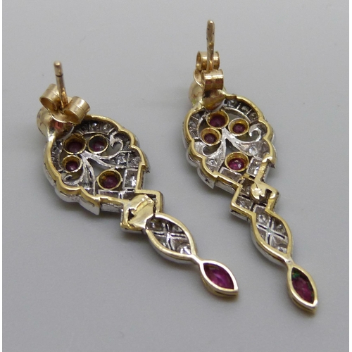 908 - A pair of yellow metal, ruby and diamond earrings, 3g, 2.9cm