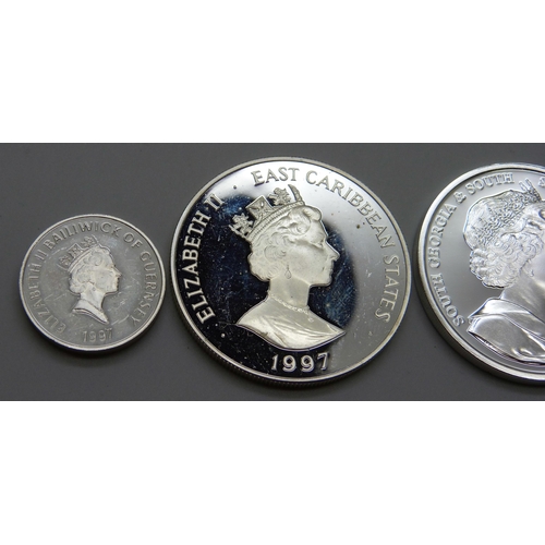 909 - Three silver proof coins - 1997 East Caribbean States 10 Dollars, 2006 South Georgia & South Sandwic... 