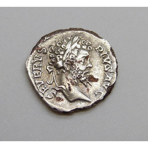 912 - Septimus Severus silver Denarius (193-211AD) Laureate bust Serverus Pivs Avg Dea Caelestis holding t... 