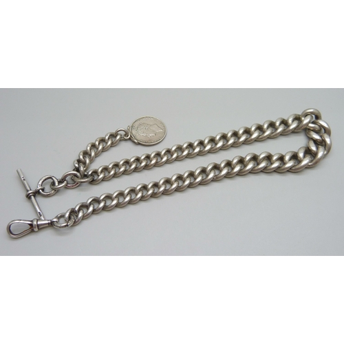 915 - A heavy graduated curb link silver Albert watch chain with a silver coin fob, 134g, 41cm