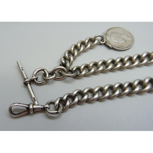 915 - A heavy graduated curb link silver Albert watch chain with a silver coin fob, 134g, 41cm