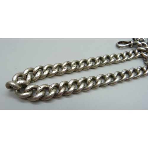 915 - A heavy graduated curb link silver Albert watch chain with a silver coin fob, 134g, 41cm