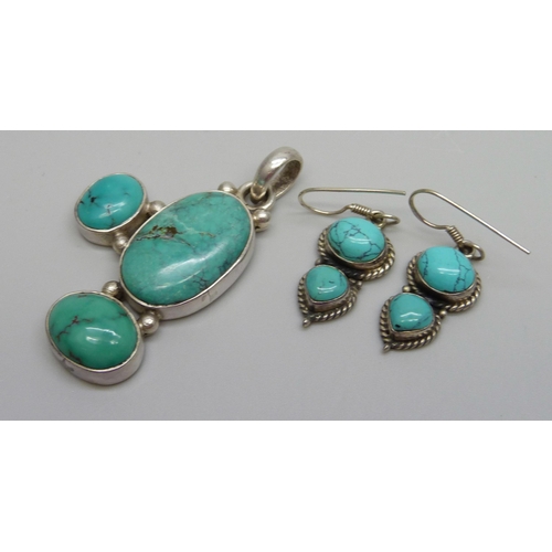 931 - A silver and turquoise pendant and a pair of similar silver and turquoise earrings, 20g