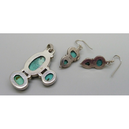 931 - A silver and turquoise pendant and a pair of similar silver and turquoise earrings, 20g