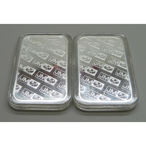 934 - Two fine 999 silver 1oz Johnson Matthey bars