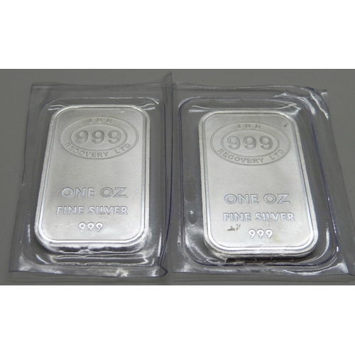 935 - Two fine 999 silver 1oz JBR bars