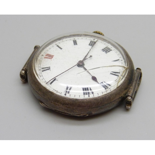 937 - A silver cased Longines trench watch, enamel dial with Roman numerals, red XII, movement marked Long... 