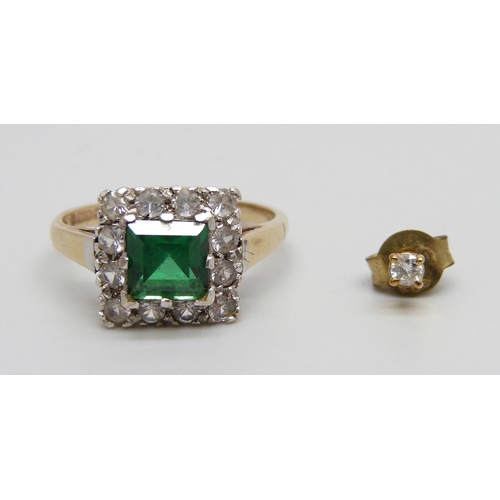 940 - A 9ct gold and spinel cluster ring with green central stone, 2.2g, L, and a small diamond ear stud