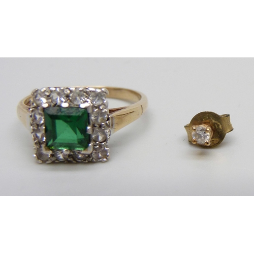 940 - A 9ct gold and spinel cluster ring with green central stone, 2.2g, L, and a small diamond ear stud