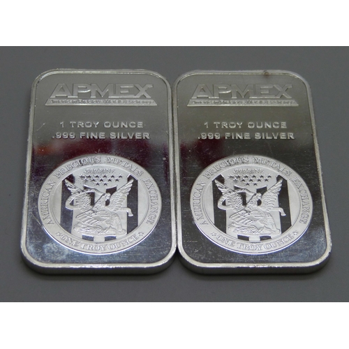 947 - Two fine 999 silver 1oz Apmex bars