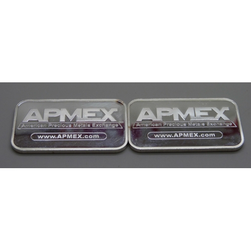 947 - Two fine 999 silver 1oz Apmex bars