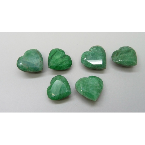 956 - Six heart shaped rough cut emerald stones, 33g