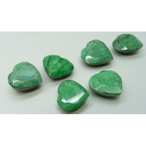 956 - Six heart shaped rough cut emerald stones, 33g