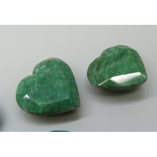 956 - Six heart shaped rough cut emerald stones, 33g