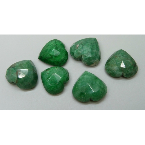 956 - Six heart shaped rough cut emerald stones, 33g