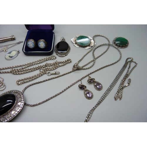 960 - A collection of silver and silver mounted jewellery including malachite set brooches, and two plated... 