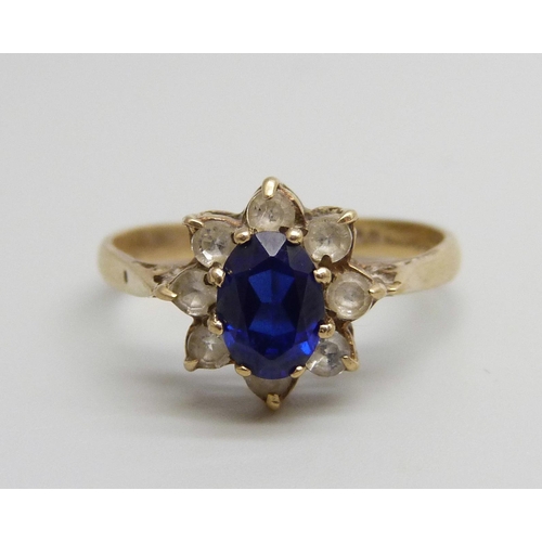 966 - A 9ct gold, sapphire and white spinel cluster ring, 2.3g, P