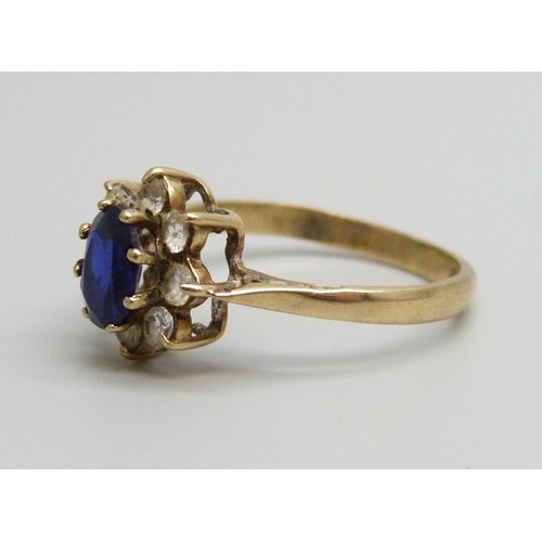 966 - A 9ct gold, sapphire and white spinel cluster ring, 2.3g, P