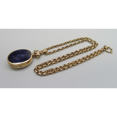 969 - A 9ct gold stone set fob pendant on a 9ct gold chain, total weight 27.4g (chain 11.5g, 50cm)