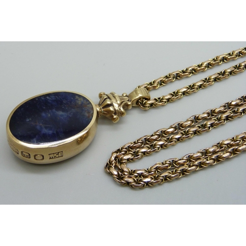 969 - A 9ct gold stone set fob pendant on a 9ct gold chain, total weight 27.4g (chain 11.5g, 50cm)