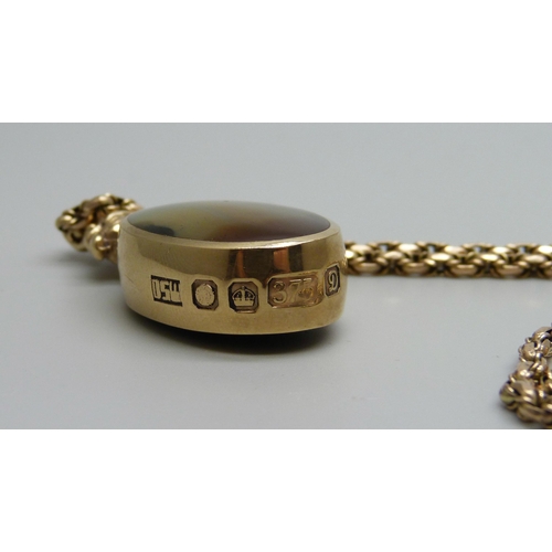 969 - A 9ct gold stone set fob pendant on a 9ct gold chain, total weight 27.4g (chain 11.5g, 50cm)