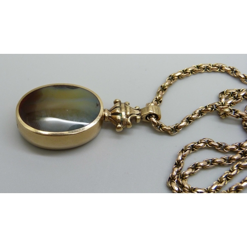 969 - A 9ct gold stone set fob pendant on a 9ct gold chain, total weight 27.4g (chain 11.5g, 50cm)