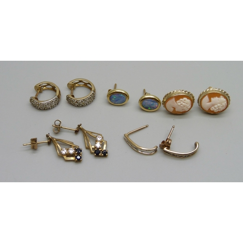 970 - Three pairs of 9ct gold earrings, a pair of 14ct gold and opal earrings and a pair of yellow metal e... 