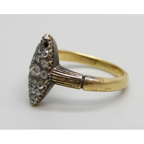 978 - An 18ct gold and platinum set diamond ring, lacking two stones, 3.6g, L