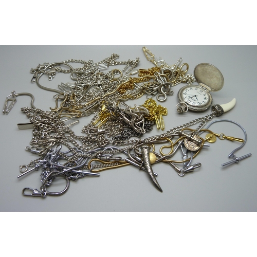 979 - A collection of Albert chains, some with clips, T-bars and a modern pocket watch