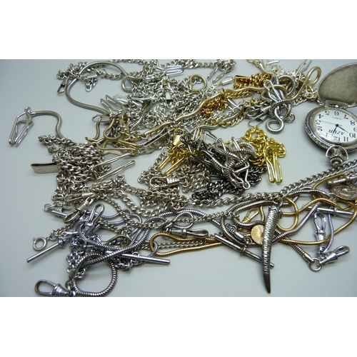 979 - A collection of Albert chains, some with clips, T-bars and a modern pocket watch