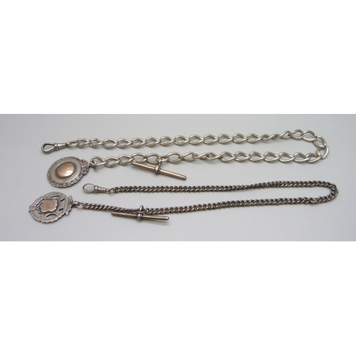 982 - Two silver Albert chains with T-bars and two gold on silver fobs, 83g