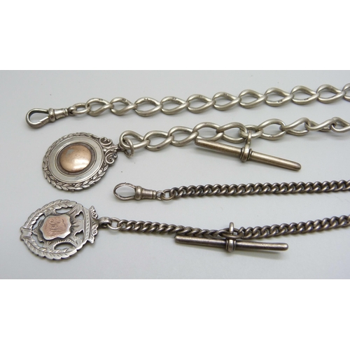 982 - Two silver Albert chains with T-bars and two gold on silver fobs, 83g