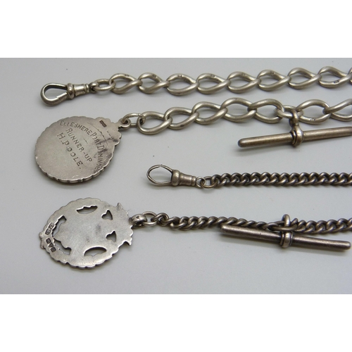 982 - Two silver Albert chains with T-bars and two gold on silver fobs, 83g