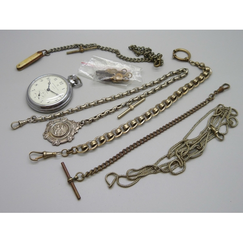 983 - A collection of plated and base metal Albert chains and an Ingersoll pocket watch (lacking case back... 